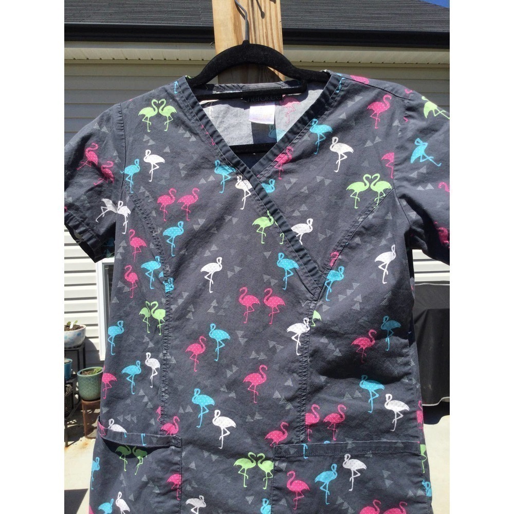 Cherokee womens scrub top medical nurse grey flamingo tropical XS extra small